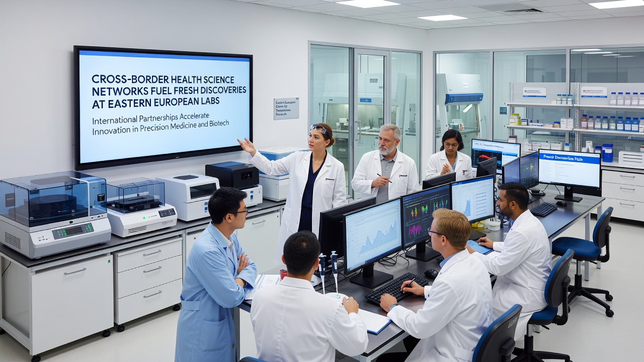 Eastern European scientists reviewing cross-border genomic data on large screens during a collaborative session