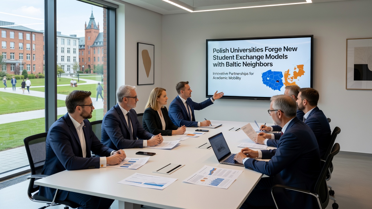 Group of international students from Poland and Baltic countries collaborating on a research project in a university library
